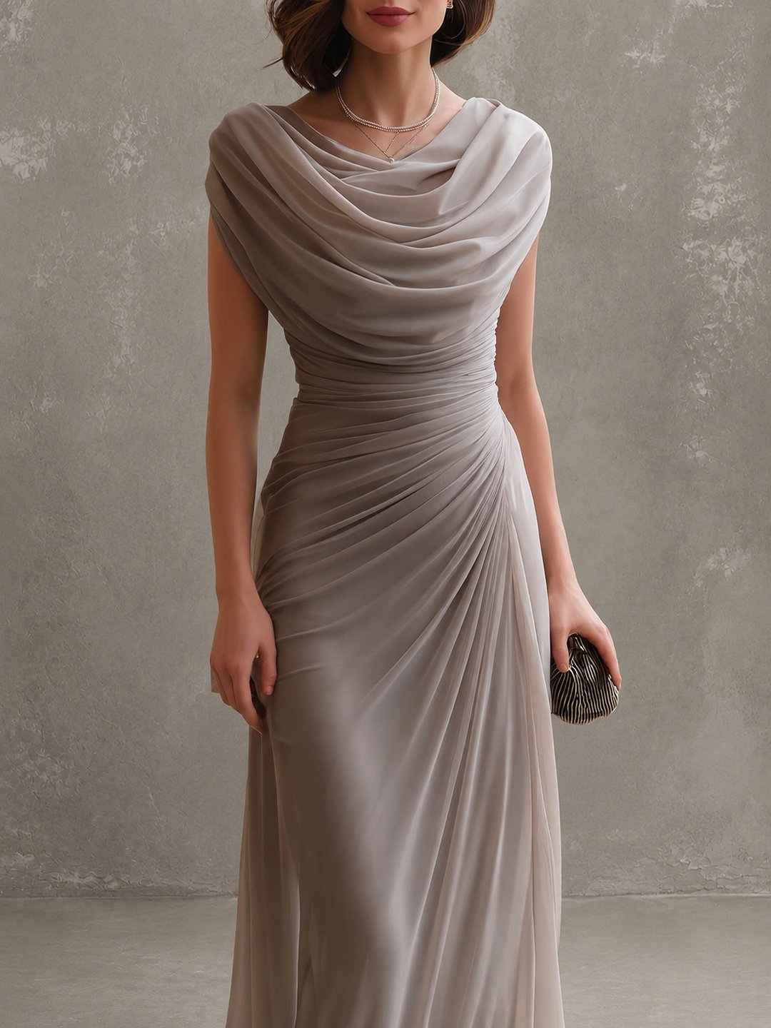 Side profile of womens party dress in flowing maxi style