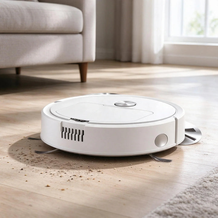 Bottom view of the automatic vacuum cleaner highlighting dual side brushes and powerful suction inlet