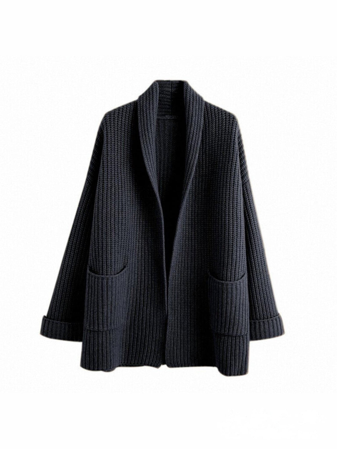 Black oversized open front cardigan displayed on white background