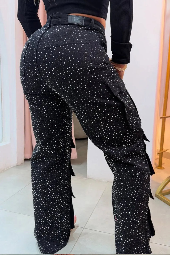 Women's rhinestone cargo jeans with sparkling utility pockets