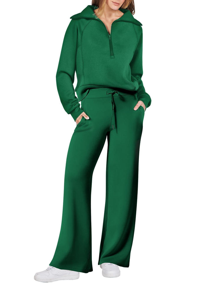 Full view of the casual wear matching set combining a half zip top and bottoms
