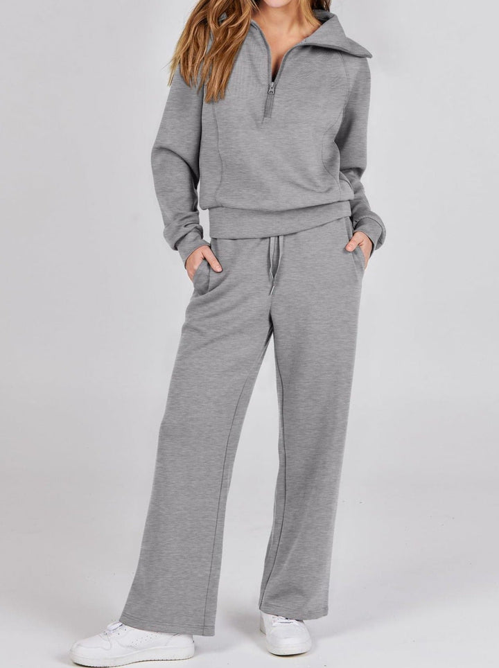 Women's half zip loungewear set in a neutral shade showing the front top design