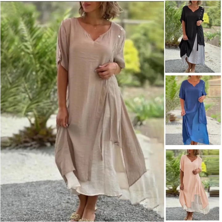 Collage showing various colors of the women's layered asymmetric midi dress