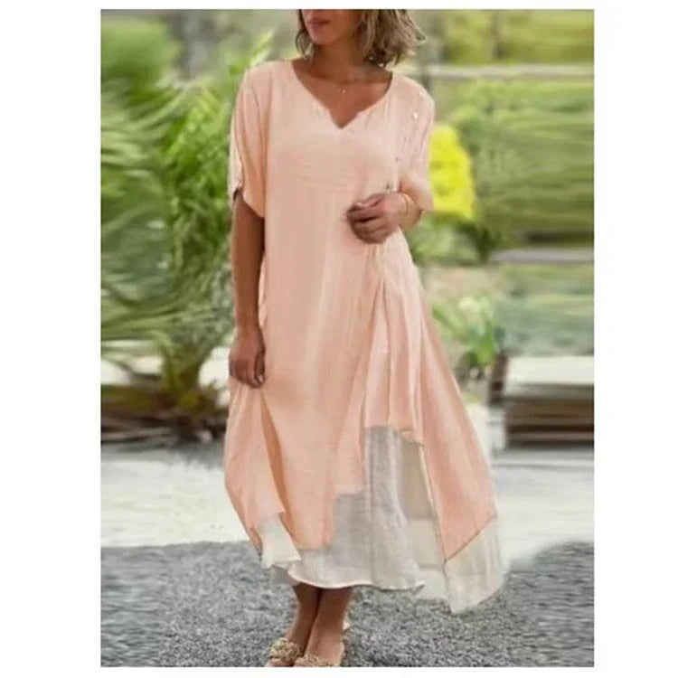 Casual summer midi dress for women with asymmetric cut and layered design