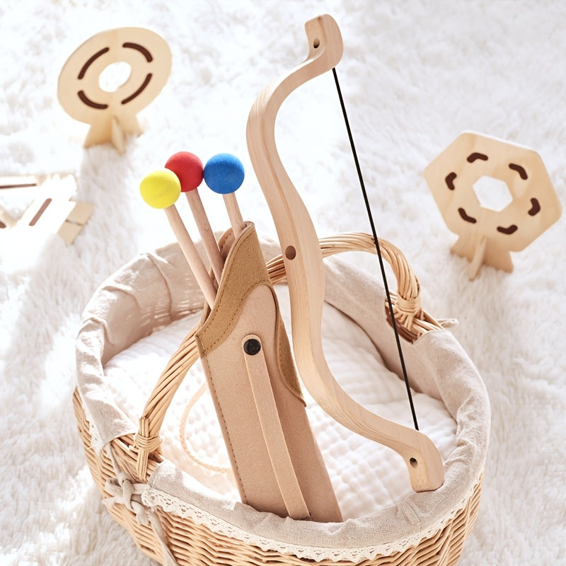 Wooden bow and colored soft-tipped arrows inside a fabric carrying pouch resting in a basket