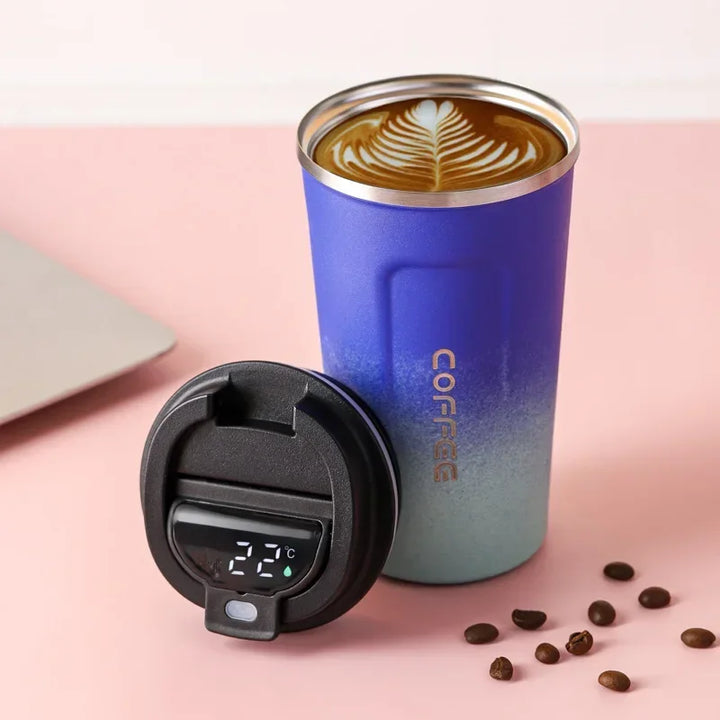 Compact stainless steel travel coffee cup with smart touch lid