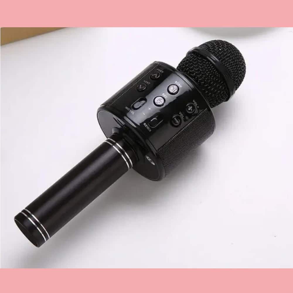 Black wireless bluetooth karaoke microphone with built-in speaker and control buttons