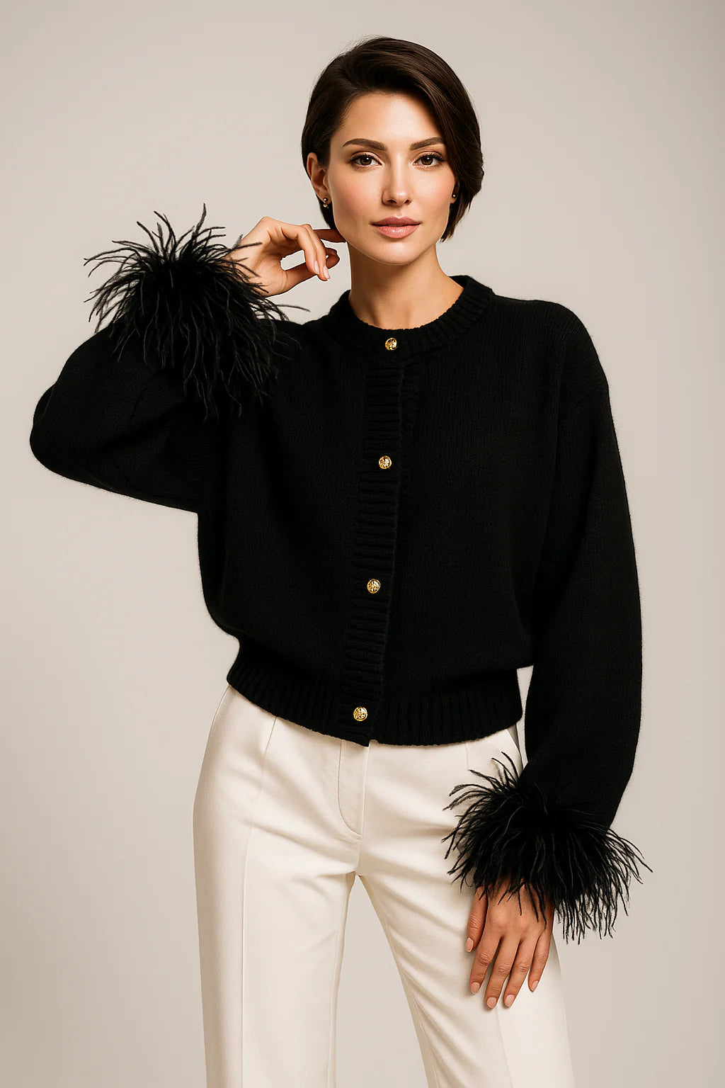 Felicia | Women’s Feather Trim Button Cardigan