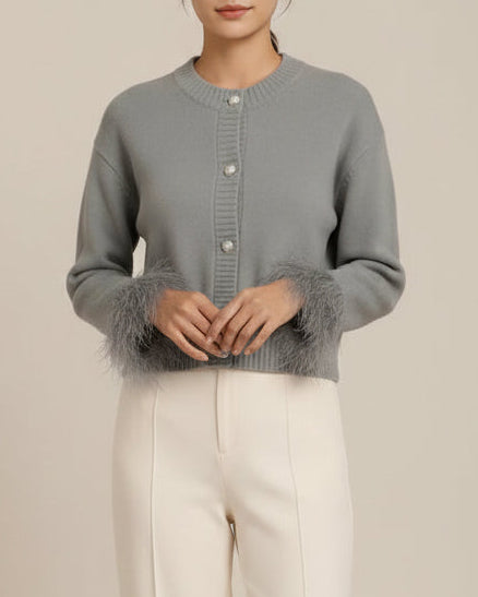 Felicia | Women’s Feather Trim Button Cardigan