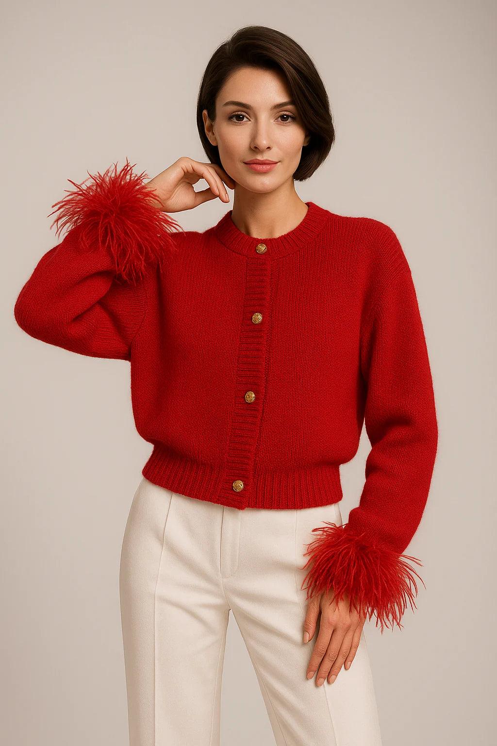 Felicia | Women’s Feather Trim Button Cardigan