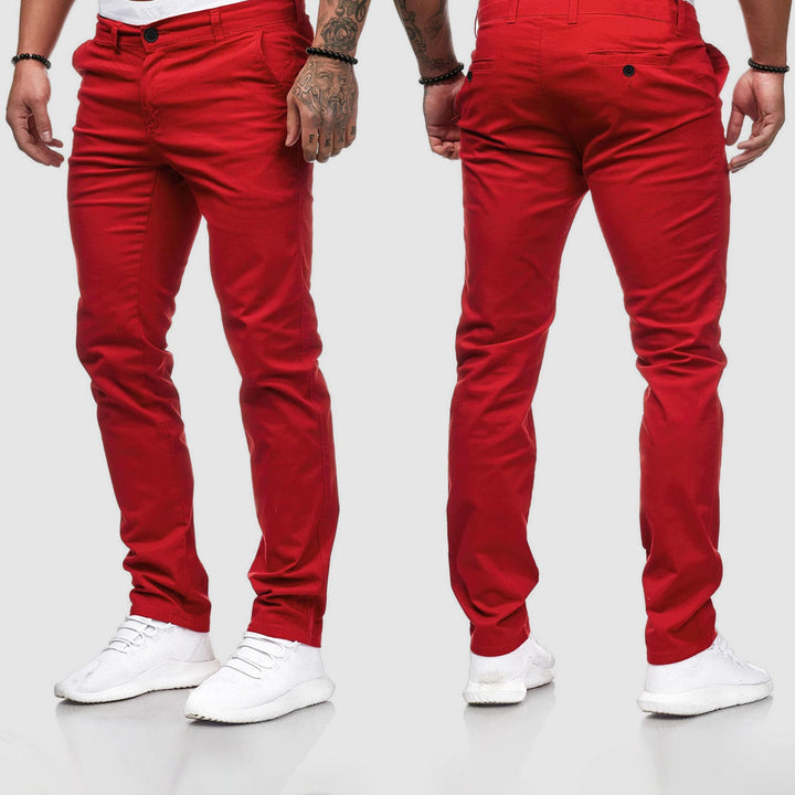 Men's slim-fit chino pants in casual beige, flat front style