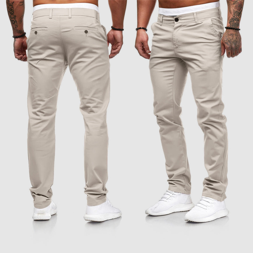 Man wearing khaki slim-fit chino pants, front and back view