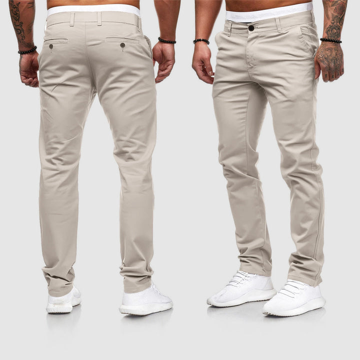 Man wearing khaki slim-fit chino pants, front and back view