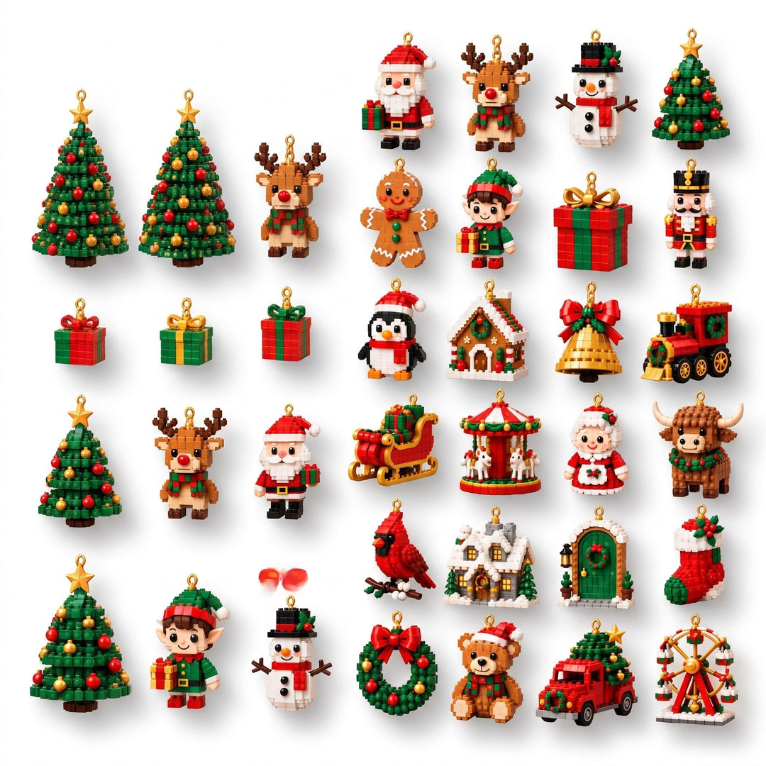 Collection of twenty-four mini Christmas building block figures and ornaments