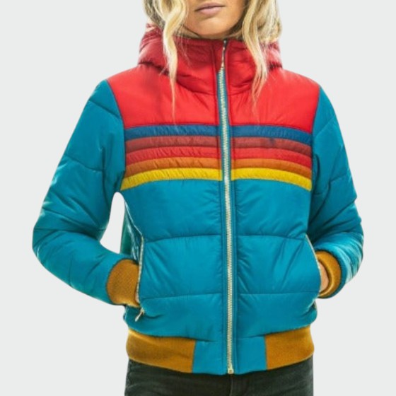 Women's Teal Blue Retro Stripe Zip-Up Puffer Hooded Jacket front view