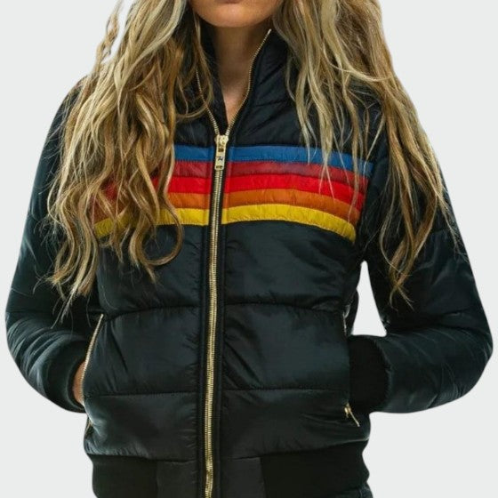Women's Black Retro Stripe Zip-Up Puffer Hooded Jacket close-up view