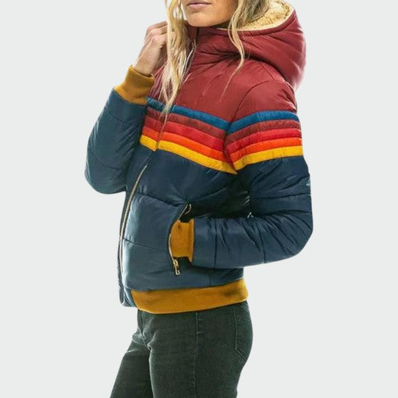 Back view of women's retro stripe zip-up puffer hooded jacket for winter
