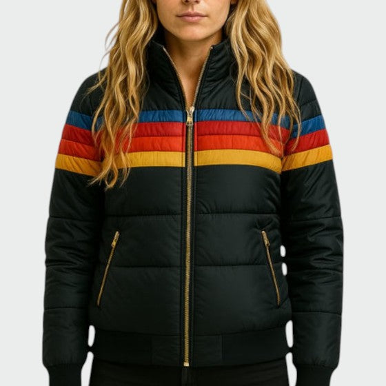 Lifestyle shot of casual hooded jacket and retro puffer outerwear for women