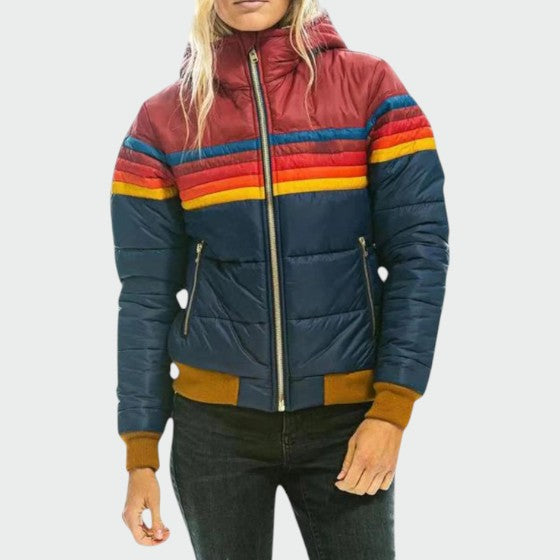 Women's Navy Blue Retro Stripe Zip-Up Puffer Hooded Jacket worn outdoors