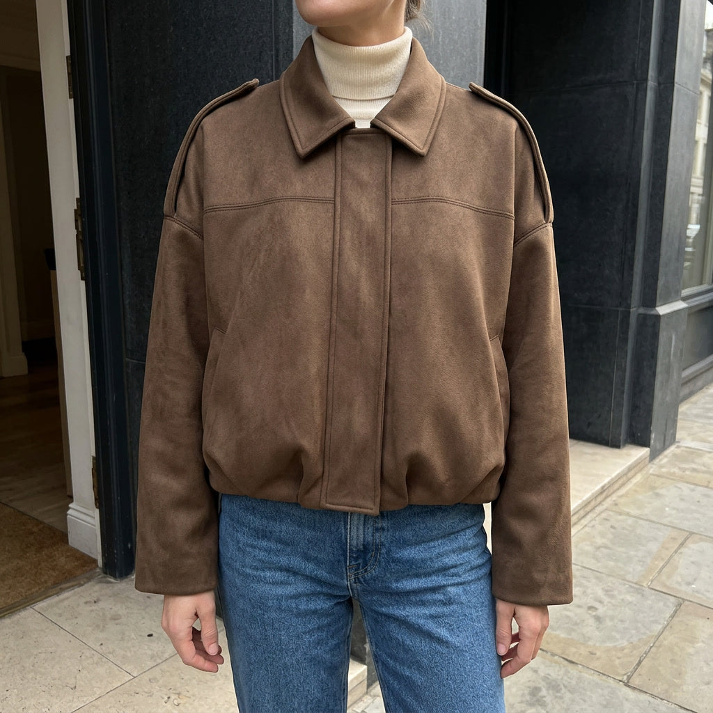 Close up of zip up closure on womens cropped bomber jacket
