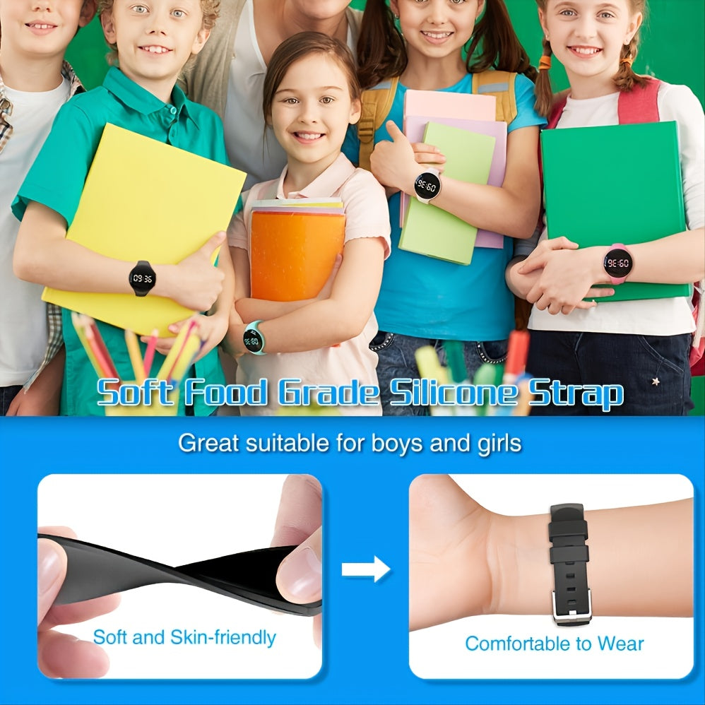 Child wearing colorful step counter watch outdoors