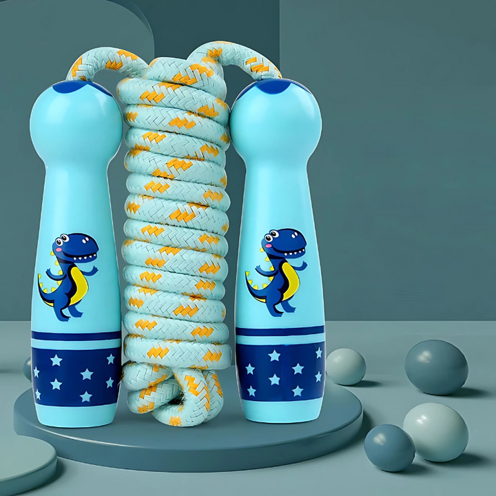 Blue dinosaur themed kids skipping rope with smooth grip handles