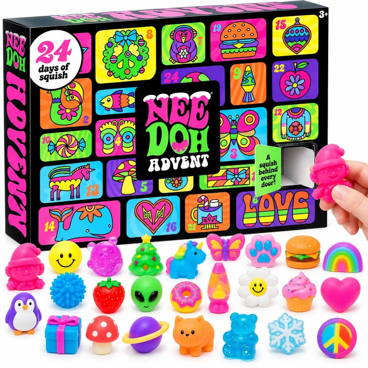 Kids advent calendar box open showing colorful squishy toys displayed on a white surface