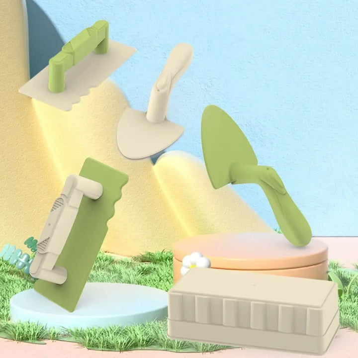 Playful outdoor display of kids sand mold and digging tools on a colorful backdrop
