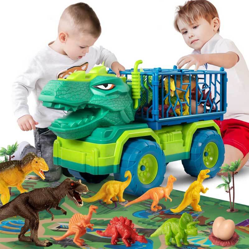 Kids playing with green T-rex dinosaur transport truck and figures on play mat