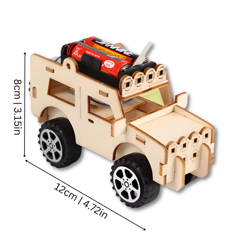 Kids DIY Electric Wooden Vehicle Building Kit assembled as a Jeep with visible battery pack and dimensions