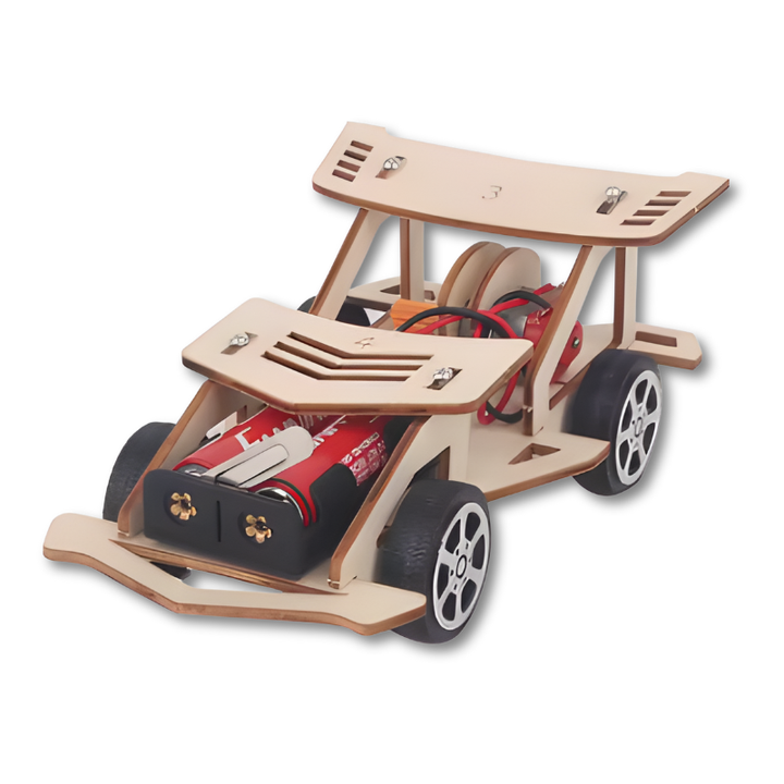 Kids DIY Electric Wooden Vehicle Building Kit assembled as a Racecar with rear spoiler and motor
