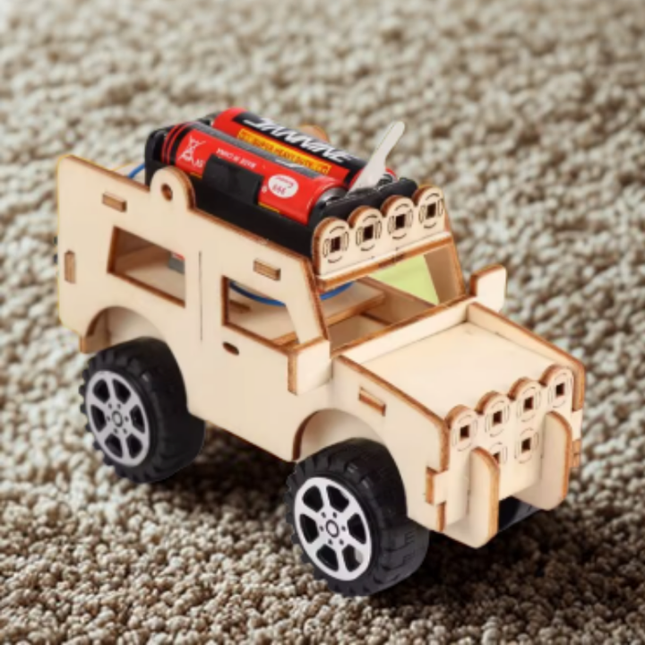 Close up of toys for kids wooden building kit showing battery compartment