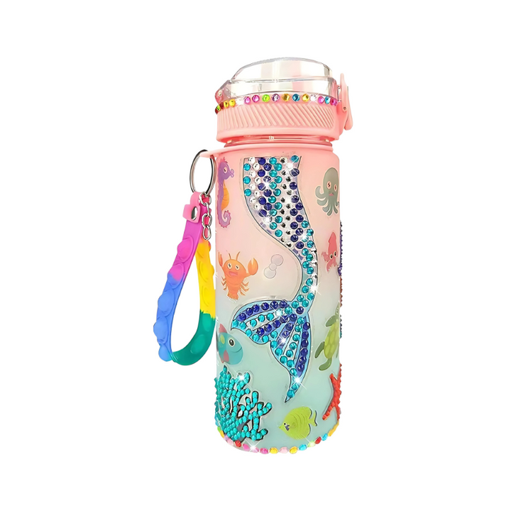 Kids DIY glow in the dark pink mermaid water bottle kit with decorative charms