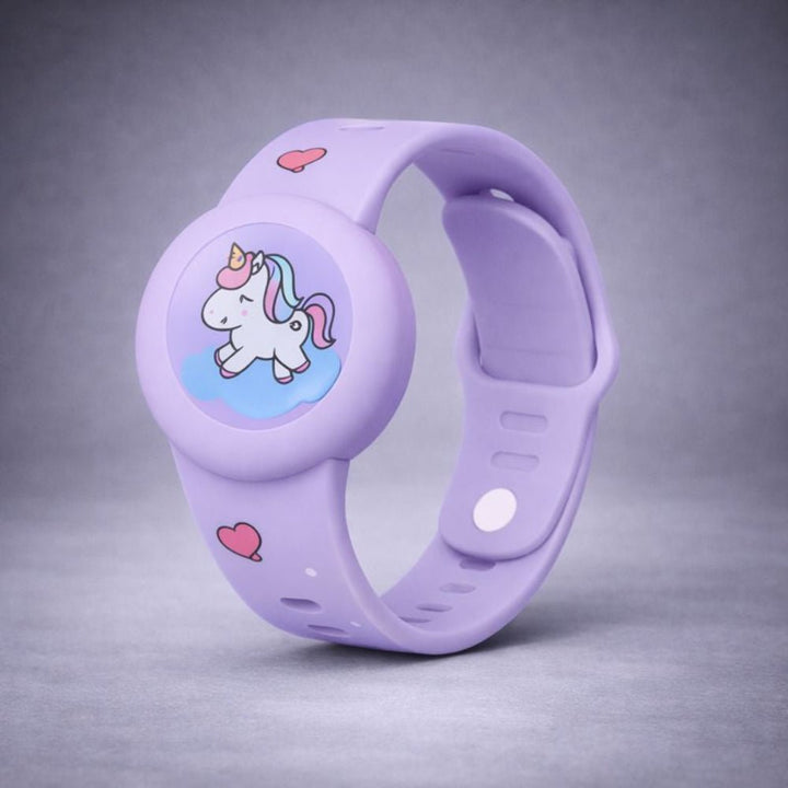 Purple kids GPS tracker wristband featuring a magical unicorn illustration