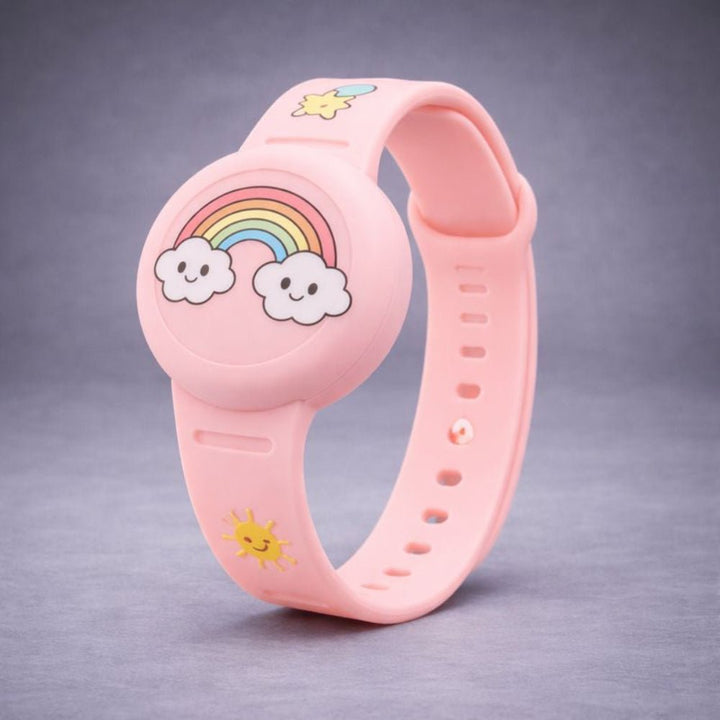 Pink kids GPS tracker wristband displaying a cheerful rainbow and sun motif