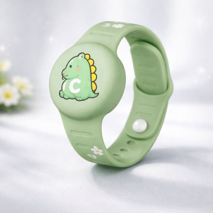 Green kids GPS tracker wristband with cute dinosaur design and adjustable strap