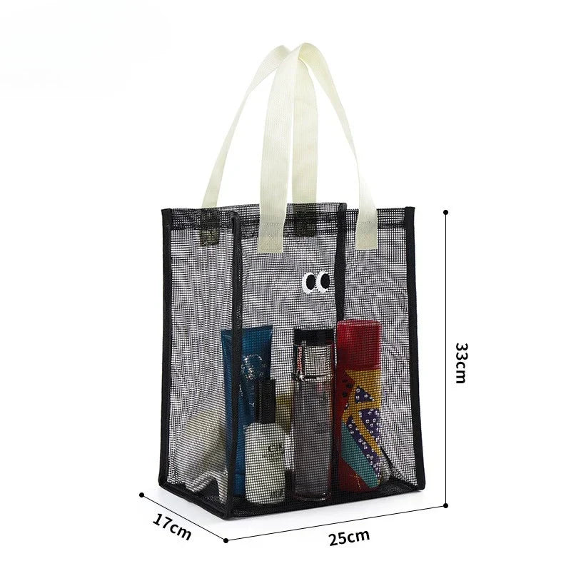 Black kids mesh beach tote bag showing dimensions of 33 cm height, 25 cm length, and 17 cm width