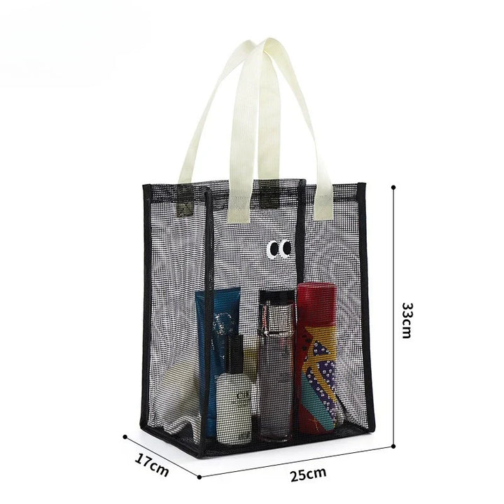 Black kids mesh beach tote bag showing dimensions of 33 cm height, 25 cm length, and 17 cm width