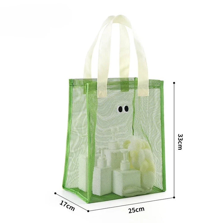 Green kids mesh beach tote bag filled with toiletries and bottles