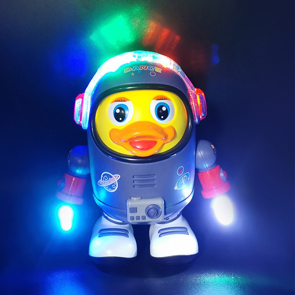 Front view of the musical dancing astronaut duck toy with colorful glowing lights