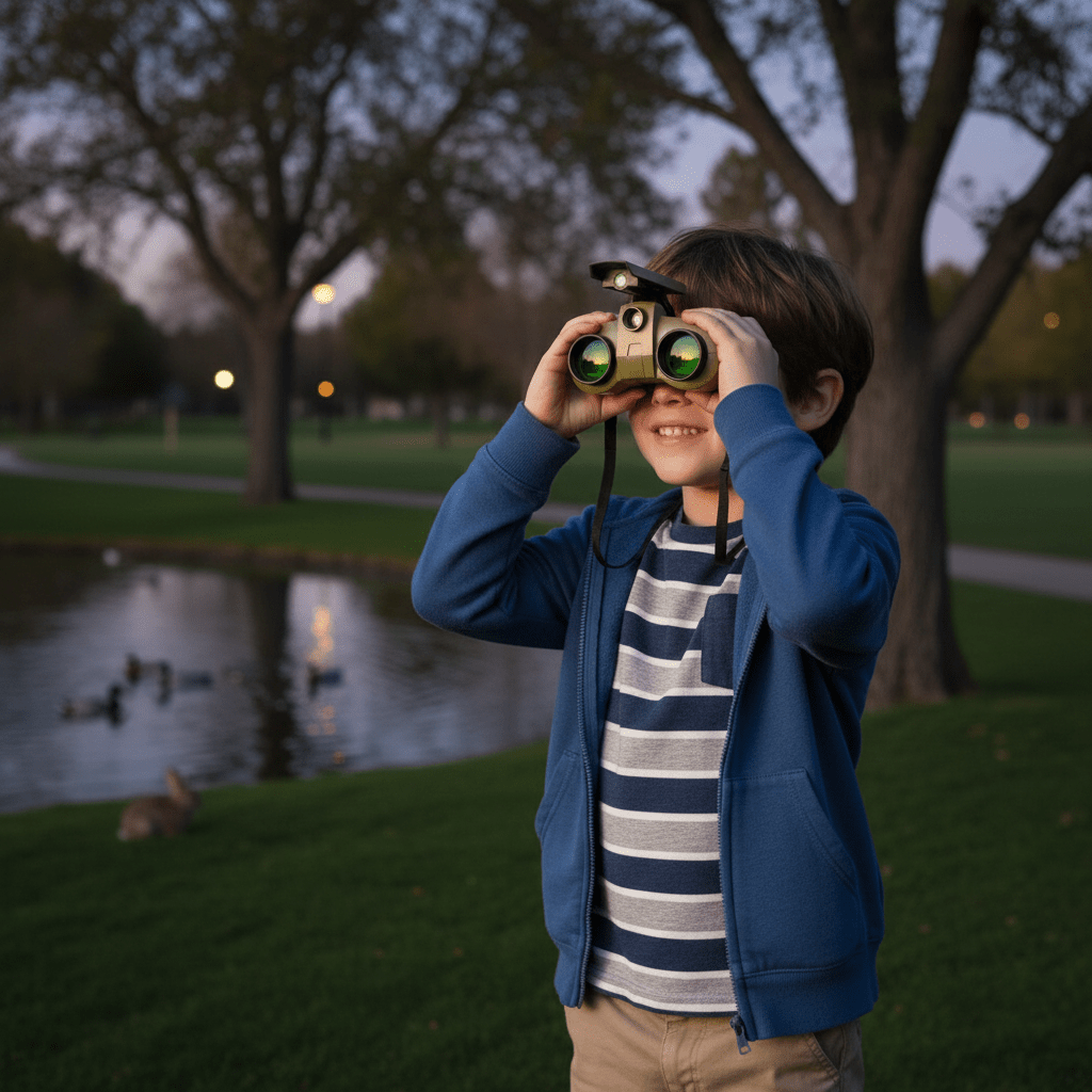 Young boy outdoors in a park using kids night vision binoculars