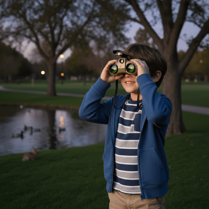 Young boy outdoors in a park using kids night vision binoculars