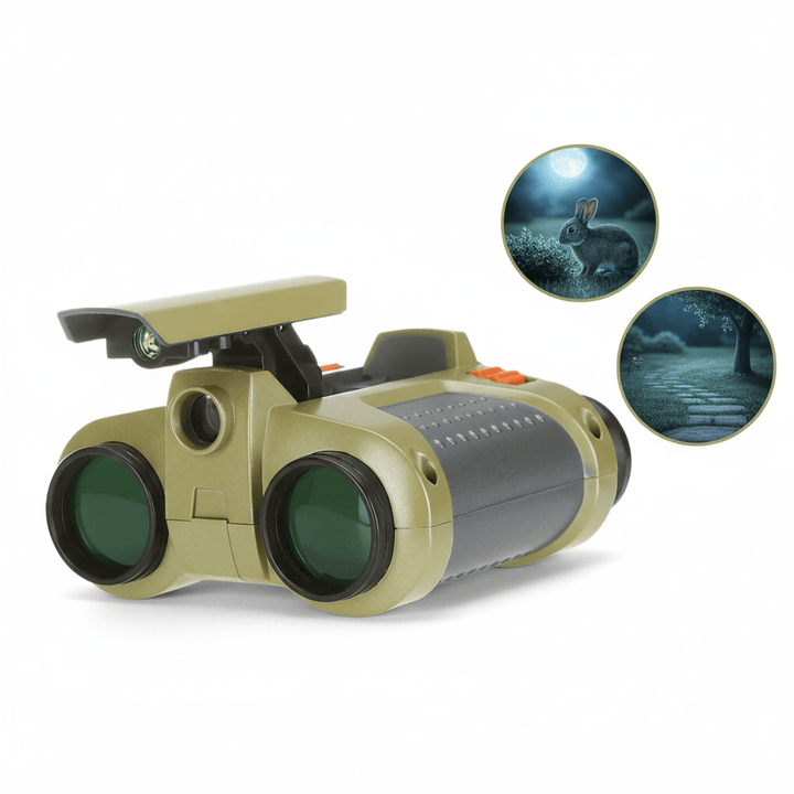 Kids night vision binoculars in khaki and black with simulated night views