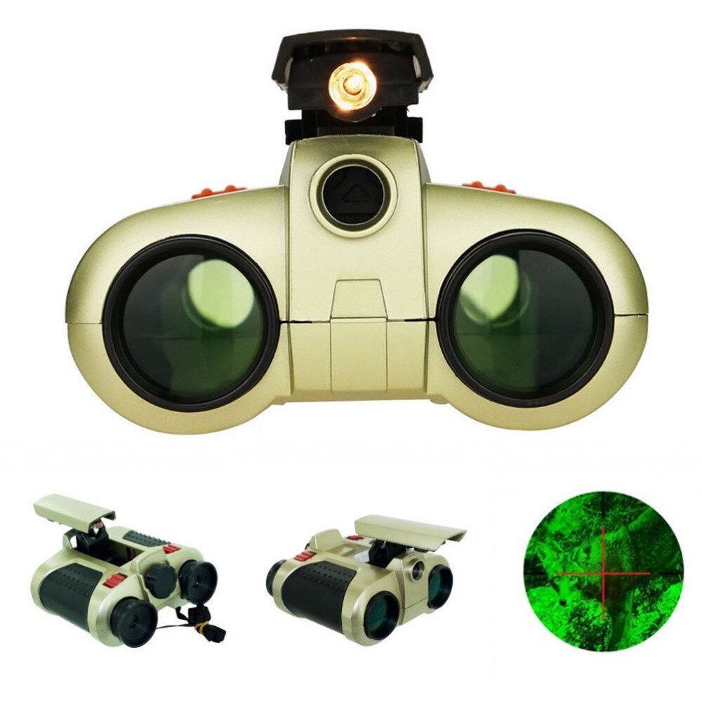 Front view of kids night vision binoculars with pop-up light illuminated