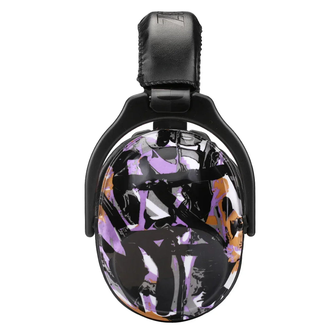 Kids noise reduction earmuffs featuring a purple and black graffiti pattern