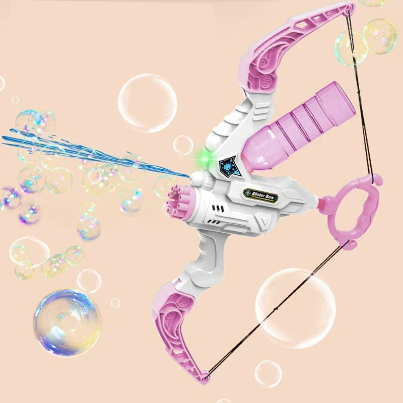 Pink and white kids outdoor bow bubble machine and water blaster toy on a neutral background