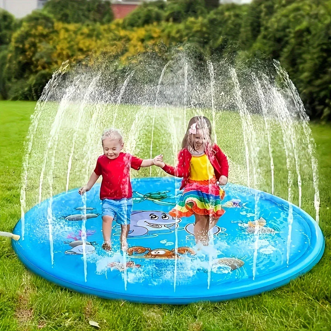 Two children playing happily in a blue sprinkler splash mat on the grass