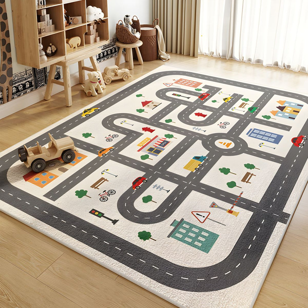 Kids educational play mat with road map design laid out in a child's bedroom