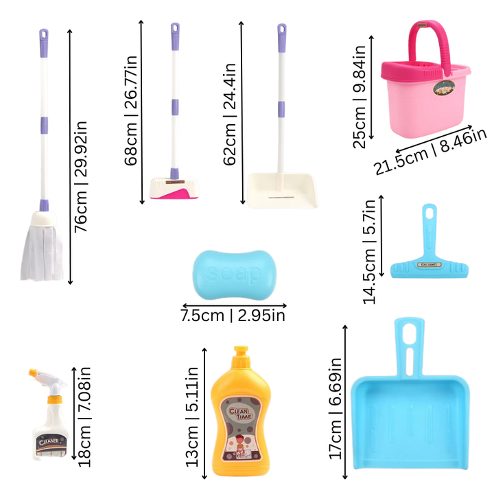 Pink and yellow kids pretend play cleaning set with 12 pieces for toddlers