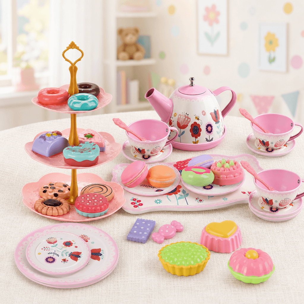Children's pretend tea party set arranged on a table with toy treats and teapot